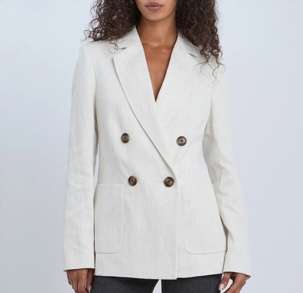 REISS Taupe / White Pinstripe Avalon Linen Blend Blazer